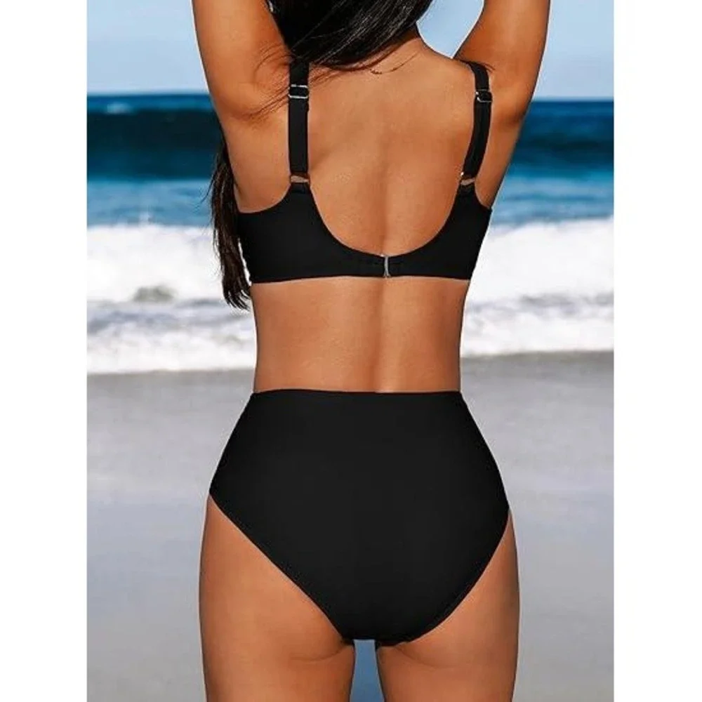 Cupshe‎ Womens Black Underwire High Waisted Ruched Bikini Set Size M New NWT
